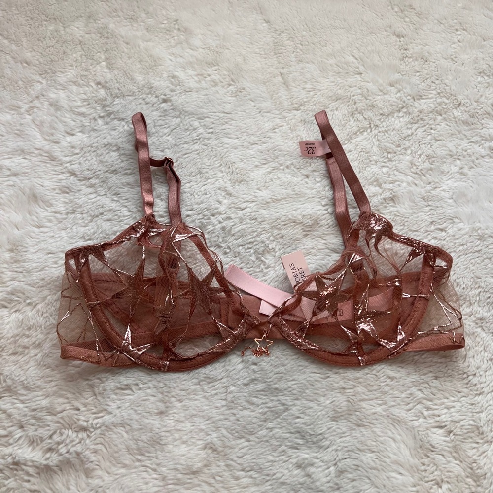 Victoria's Secret Rose Gold Metallic Star Sheer Mesh Unlined Demi Bra 32C NEW